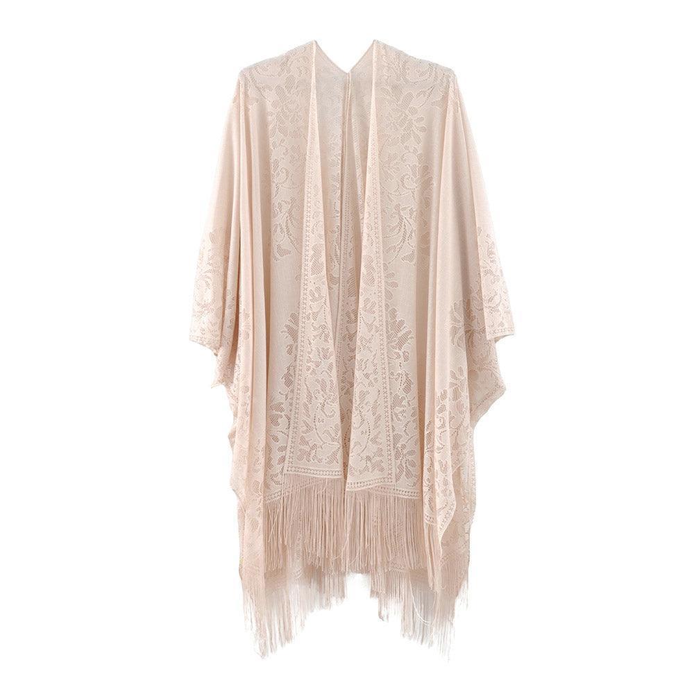 Beige Floral Lace Kimono With Tassel Poncho - Jewelry Store by Erik Rayo