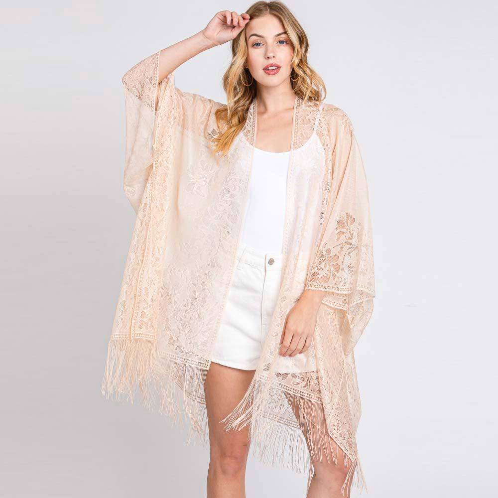 Beige Floral Lace Kimono With Tassel Poncho - Jewelry Store by Erik Rayo