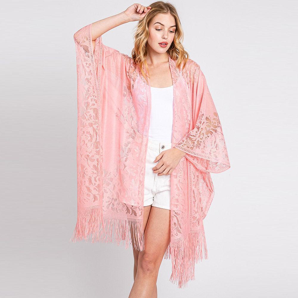 Pink Floral Lace Kimono With Tassel Poncho - Jewelry Store by Erik Rayo