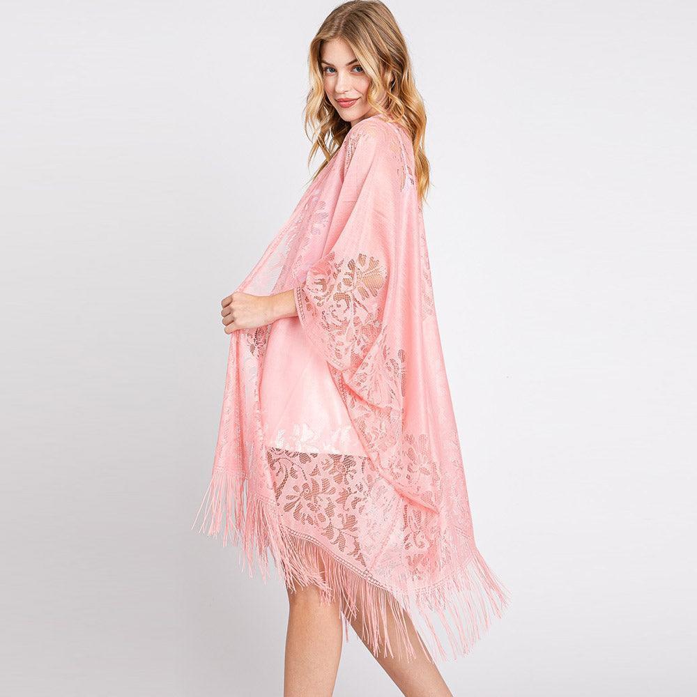 Pink Floral Lace Kimono With Tassel Poncho - Jewelry Store by Erik Rayo