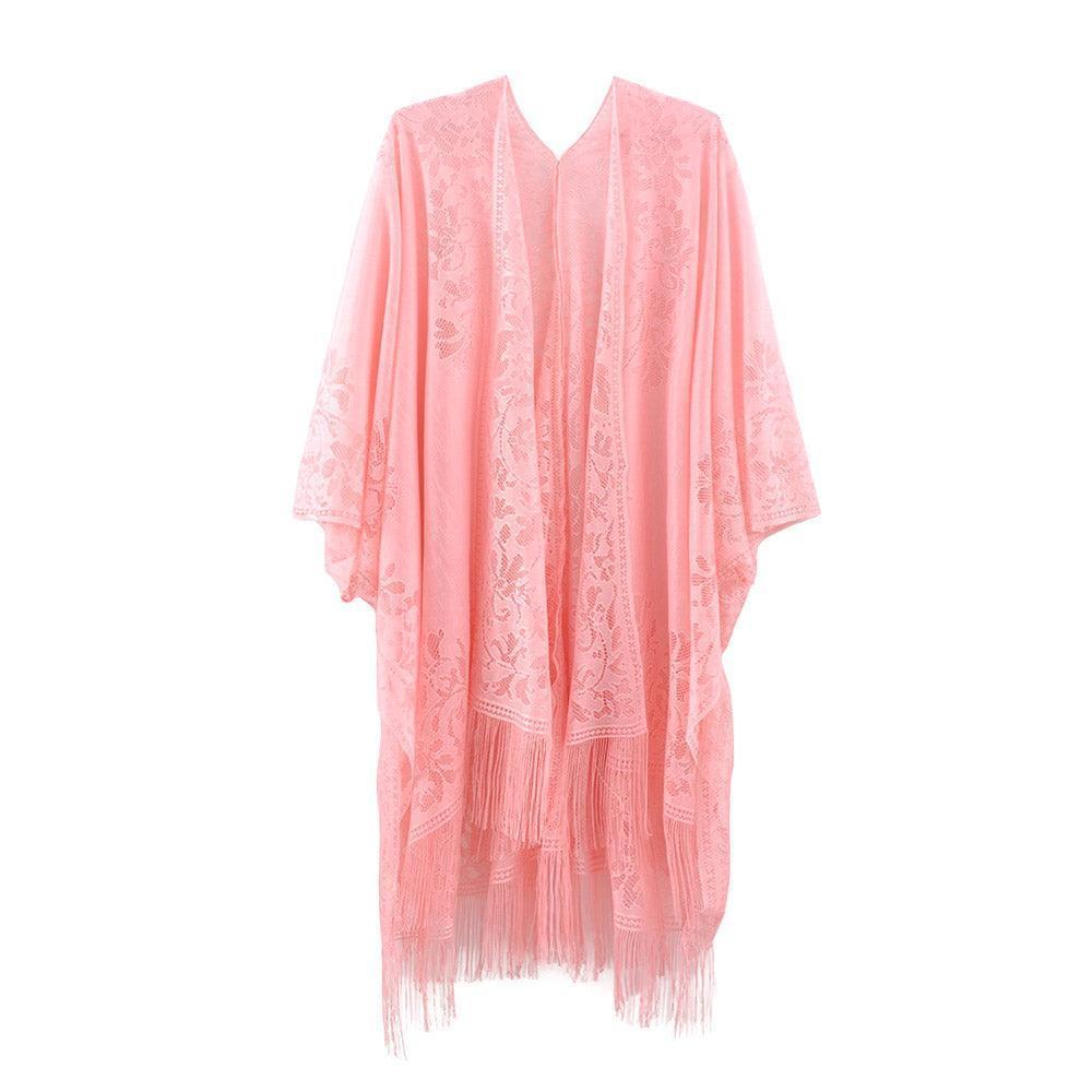 Pink Floral Lace Kimono With Tassel Poncho - Jewelry Store by Erik Rayo