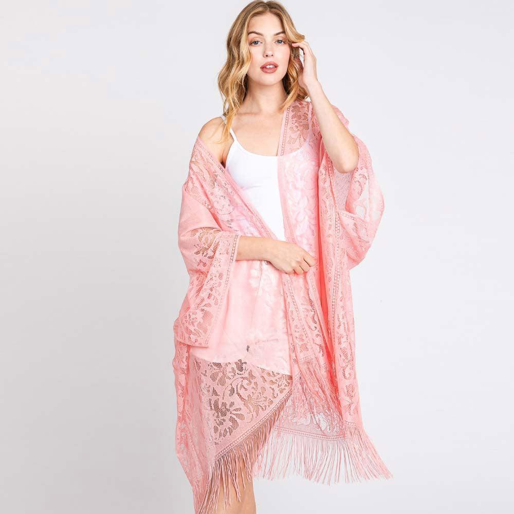 Pink Floral Lace Kimono With Tassel Poncho - Jewelry Store by Erik Rayo