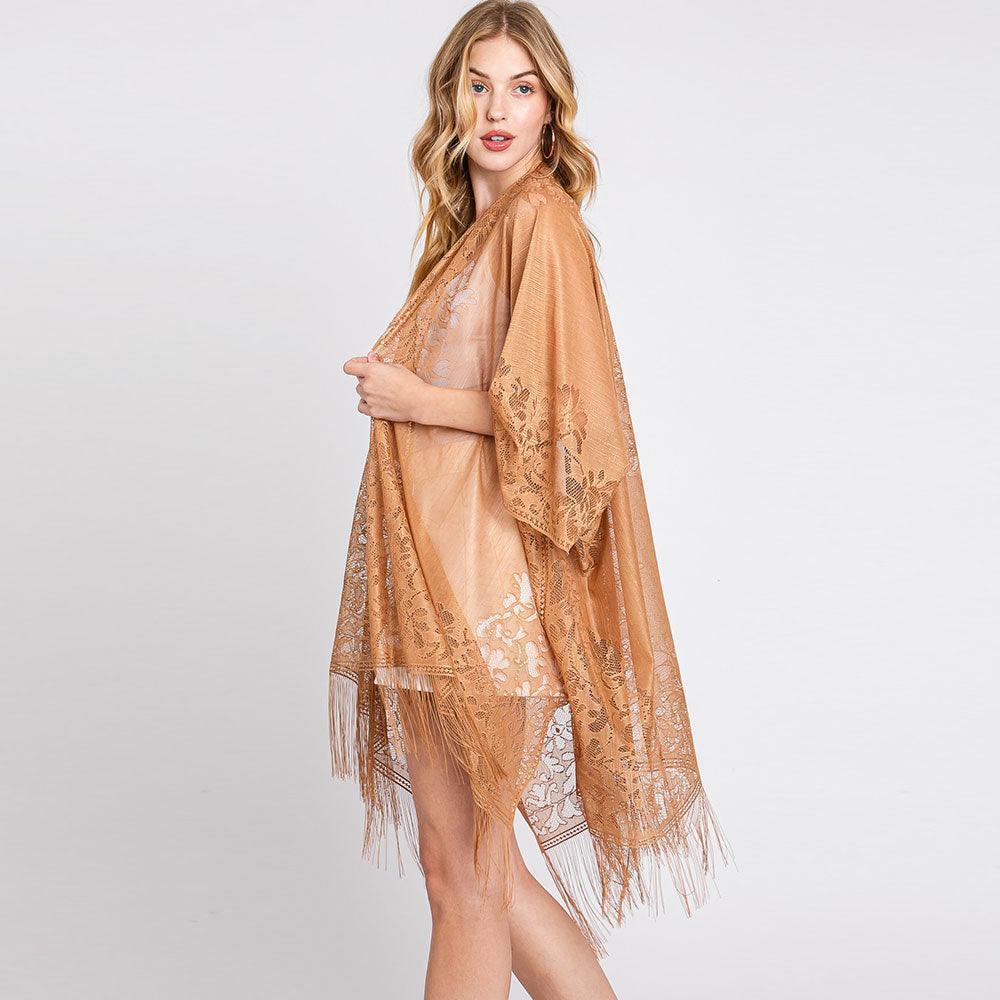 Taupe Floral Lace Kimono With Tassel Poncho - Jewelry Store by Erik Rayo