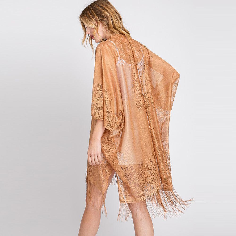 Taupe Floral Lace Kimono With Tassel Poncho - Jewelry Store by Erik Rayo