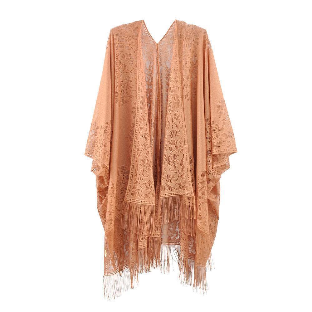 Taupe Floral Lace Kimono With Tassel Poncho - Jewelry Store by Erik Rayo