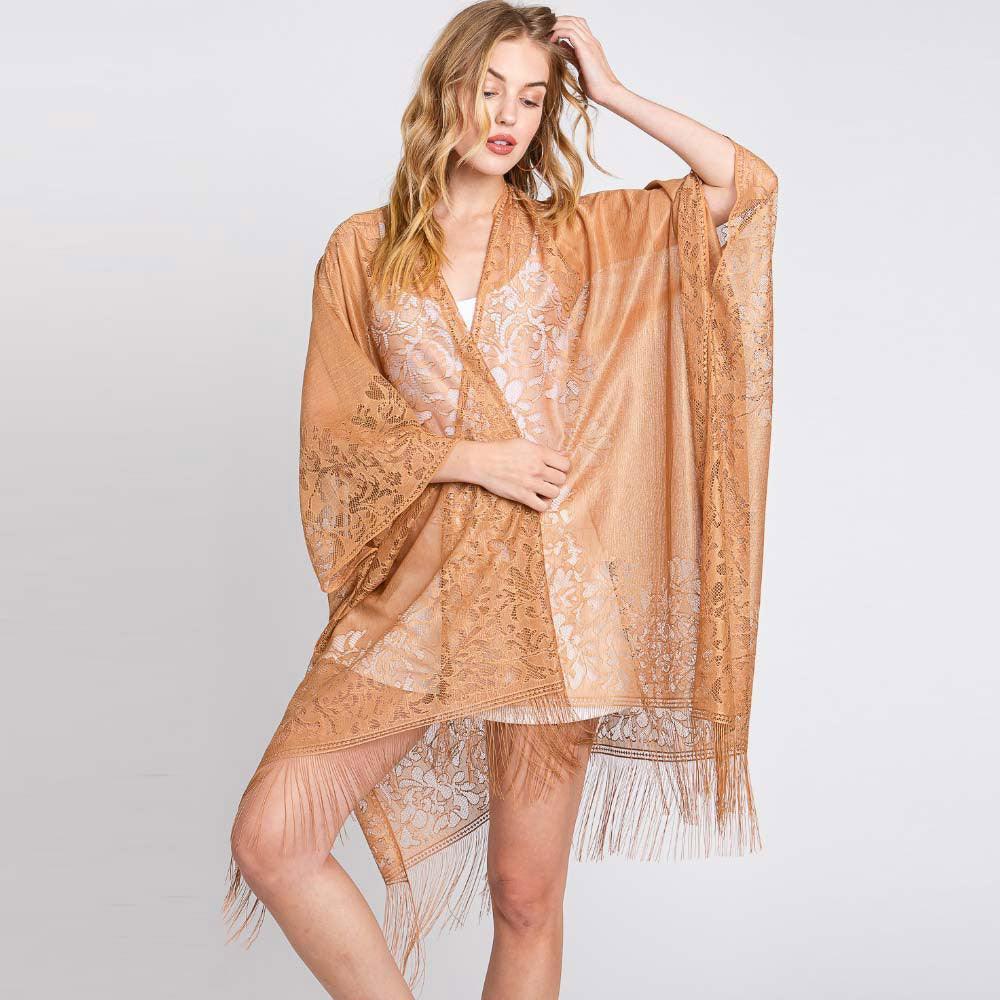 Taupe Floral Lace Kimono With Tassel Poncho - Jewelry Store by Erik Rayo