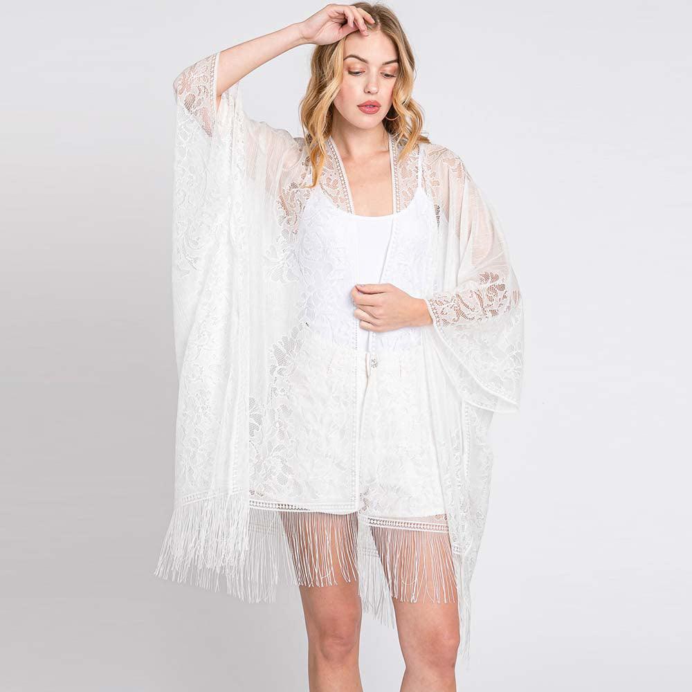 White Floral Lace Kimono With Tassel Poncho - Jewelry Store by Erik Rayo