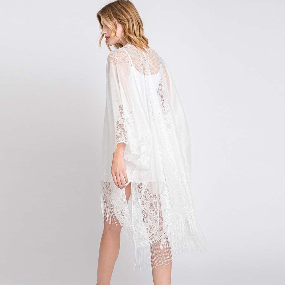 White Floral Lace Kimono With Tassel Poncho - Jewelry Store by Erik Rayo
