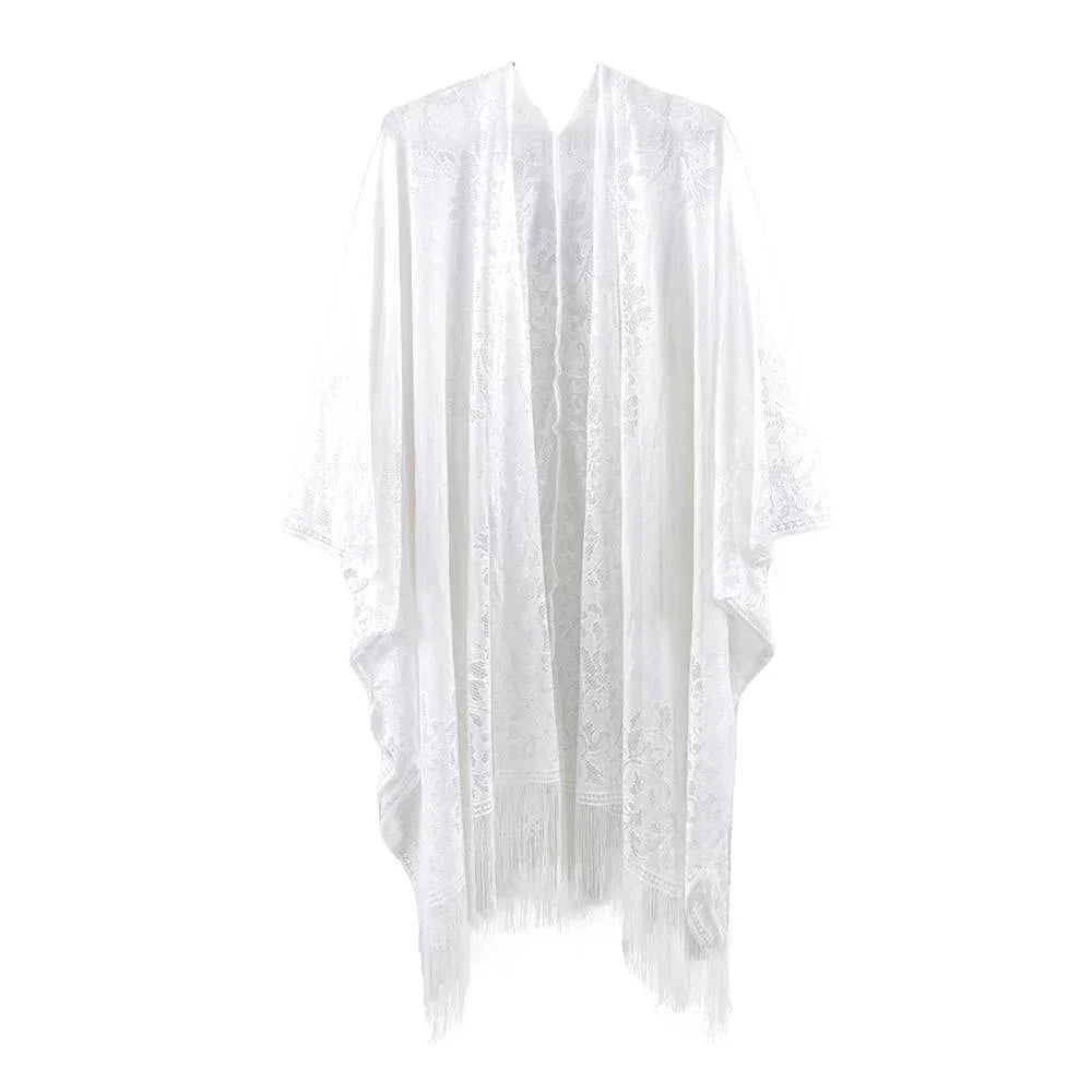White Floral Lace Kimono With Tassel Poncho - Jewelry Store by Erik Rayo