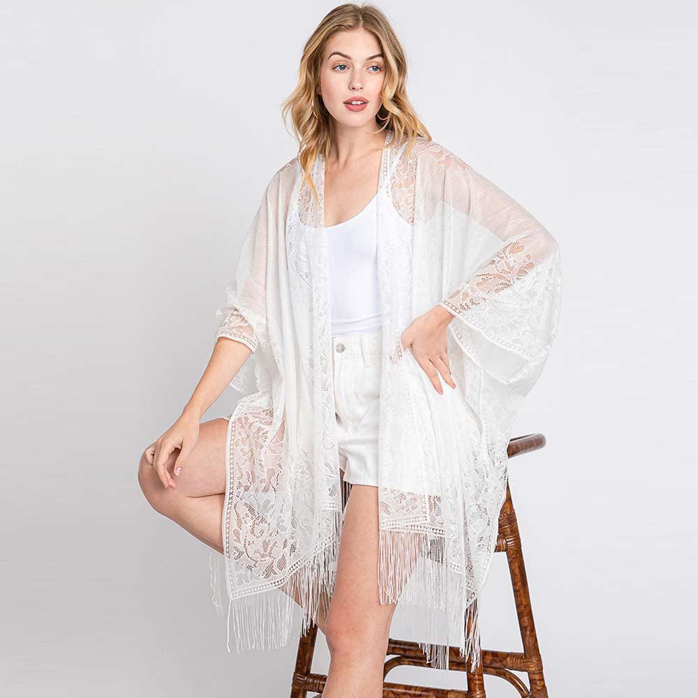 White Floral Lace Kimono With Tassel Poncho - Jewelry Store by Erik Rayo