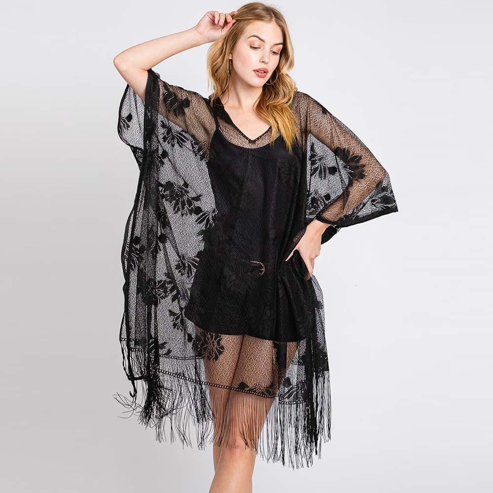 Black Floral Lace Poncho With Tassel - Jewelry Store by Erik Rayo