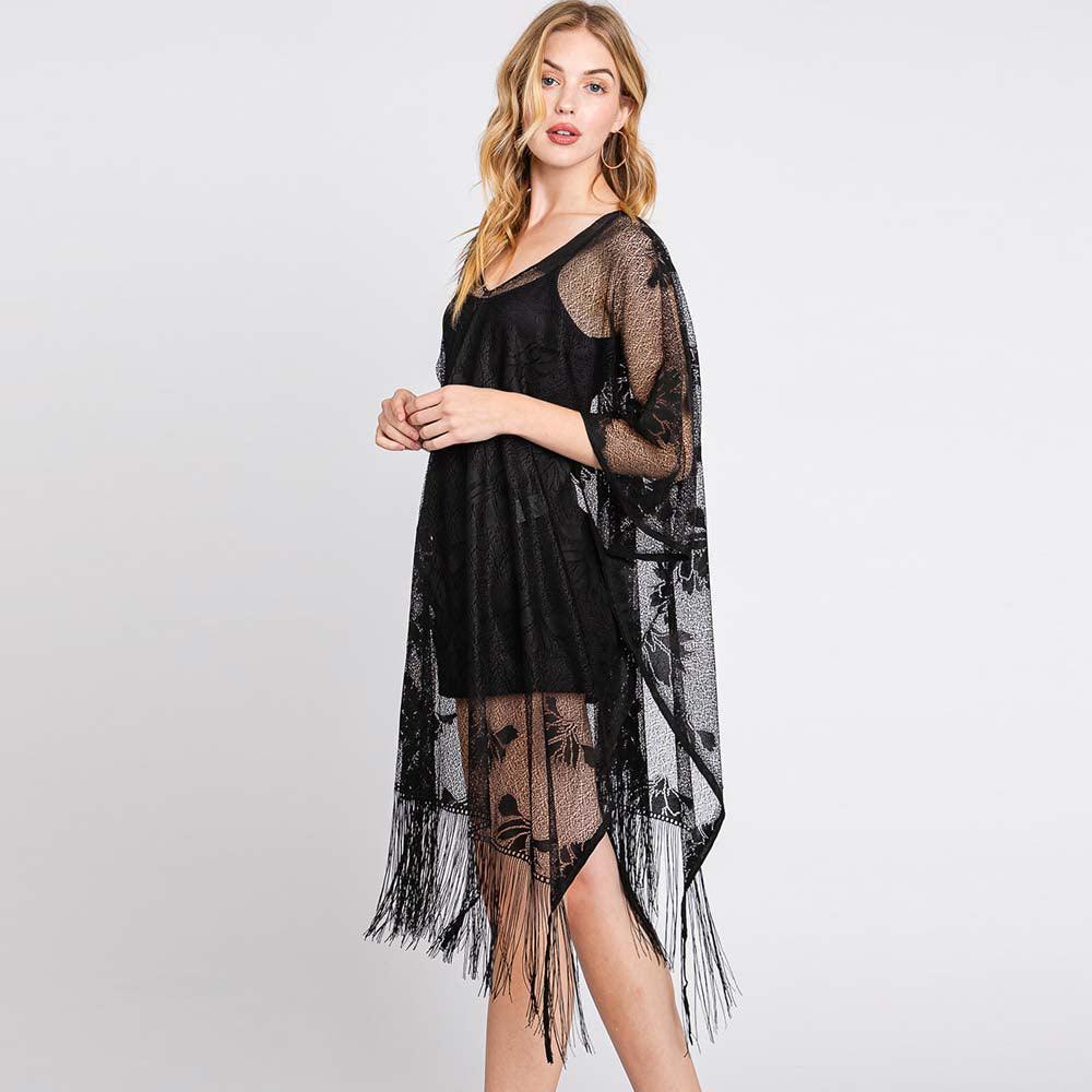 Black Floral Lace Poncho With Tassel - Jewelry Store by Erik Rayo