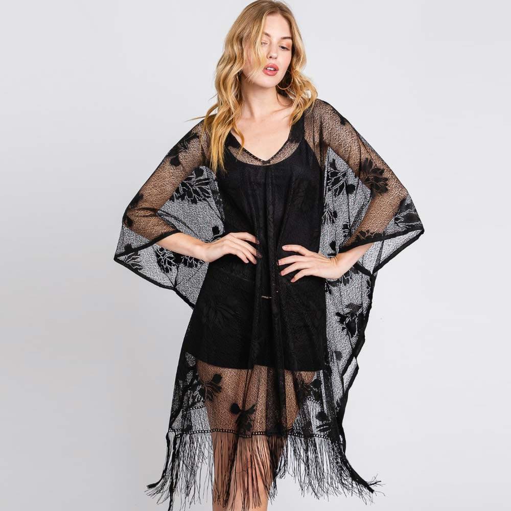Black Floral Lace Poncho With Tassel - Jewelry Store by Erik Rayo