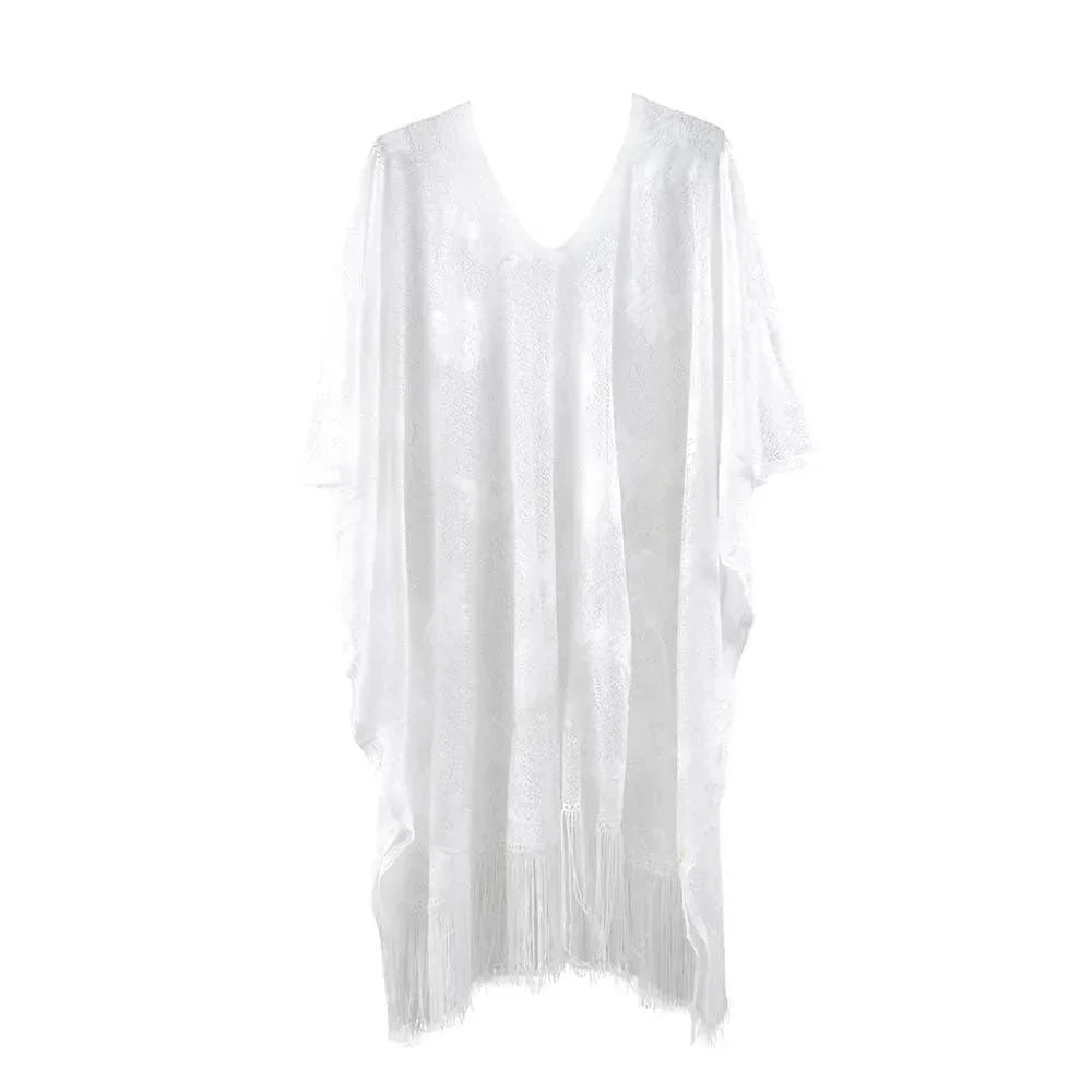White Floral Lace Poncho With Tassel - Jewelry Store by Erik Rayo