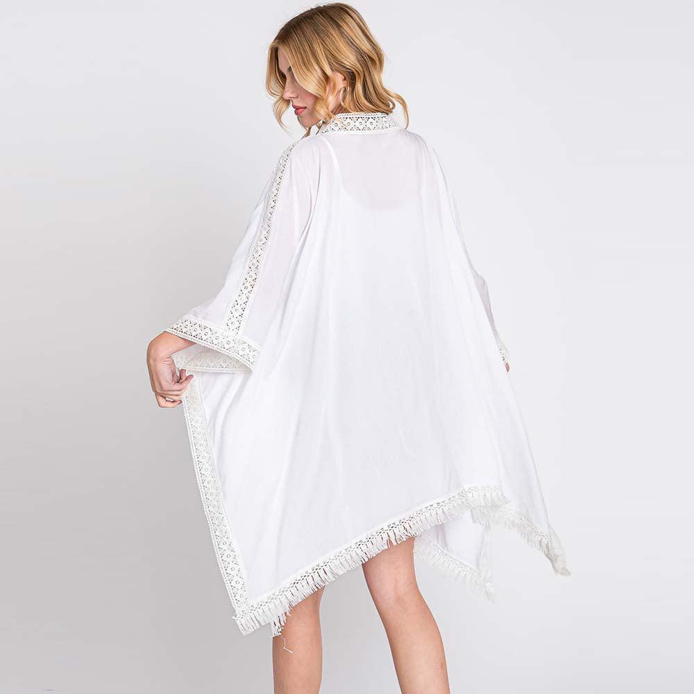 White Aztec Lace Trim Detail Poncho With Tassel - Jewelry Store by Erik Rayo
