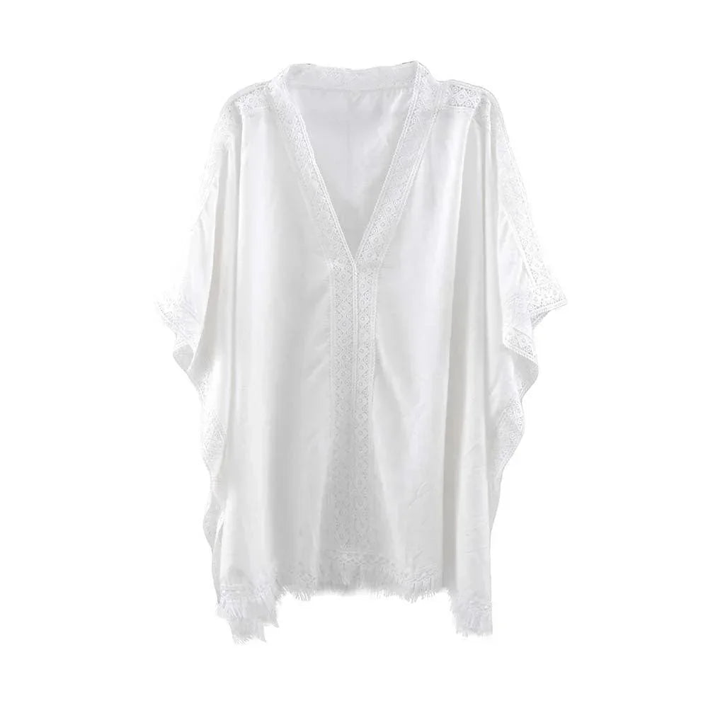 White Aztec Lace Trim Detail Poncho With Tassel - Jewelry Store by Erik Rayo