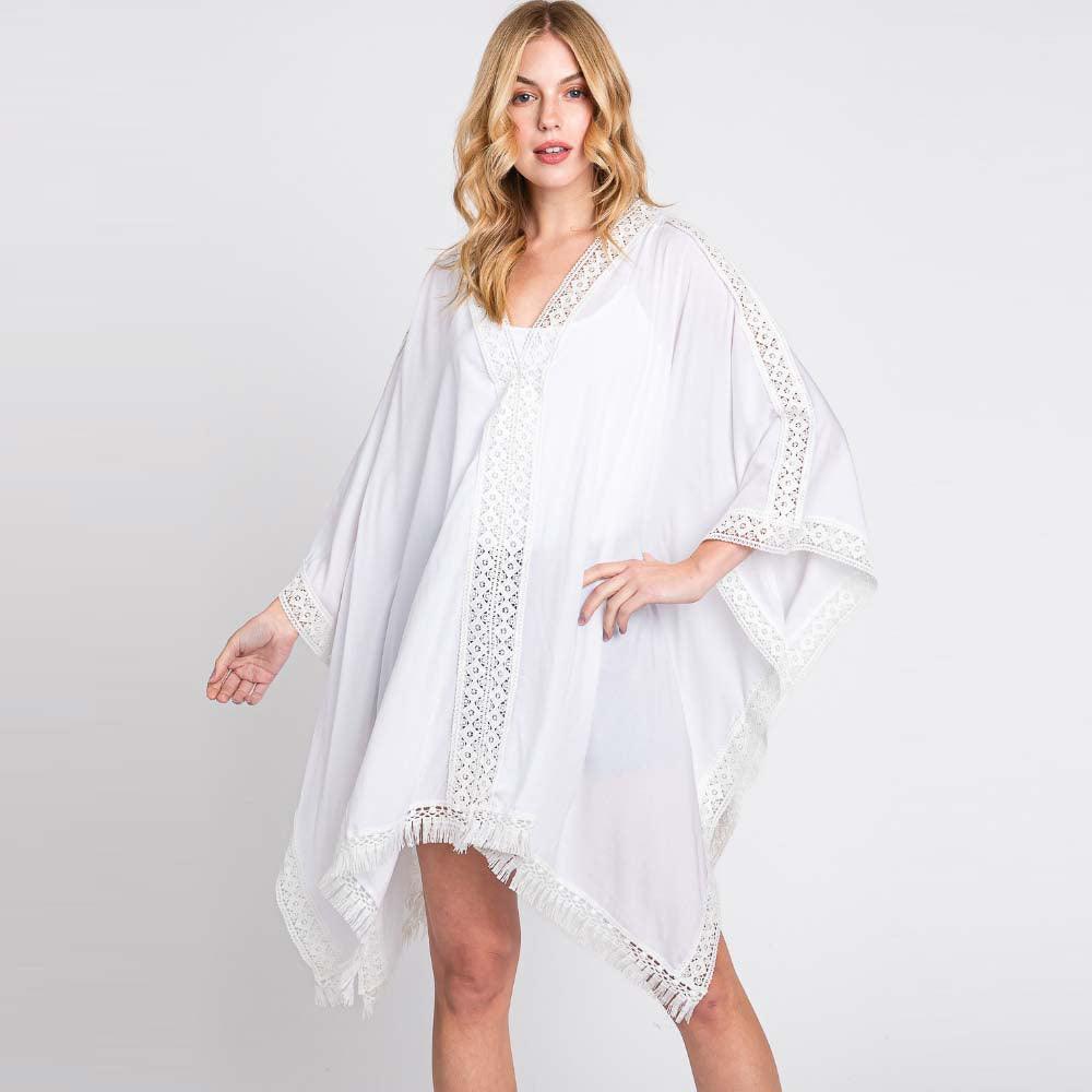 White Aztec Lace Trim Detail Poncho With Tassel - Jewelry Store by Erik Rayo