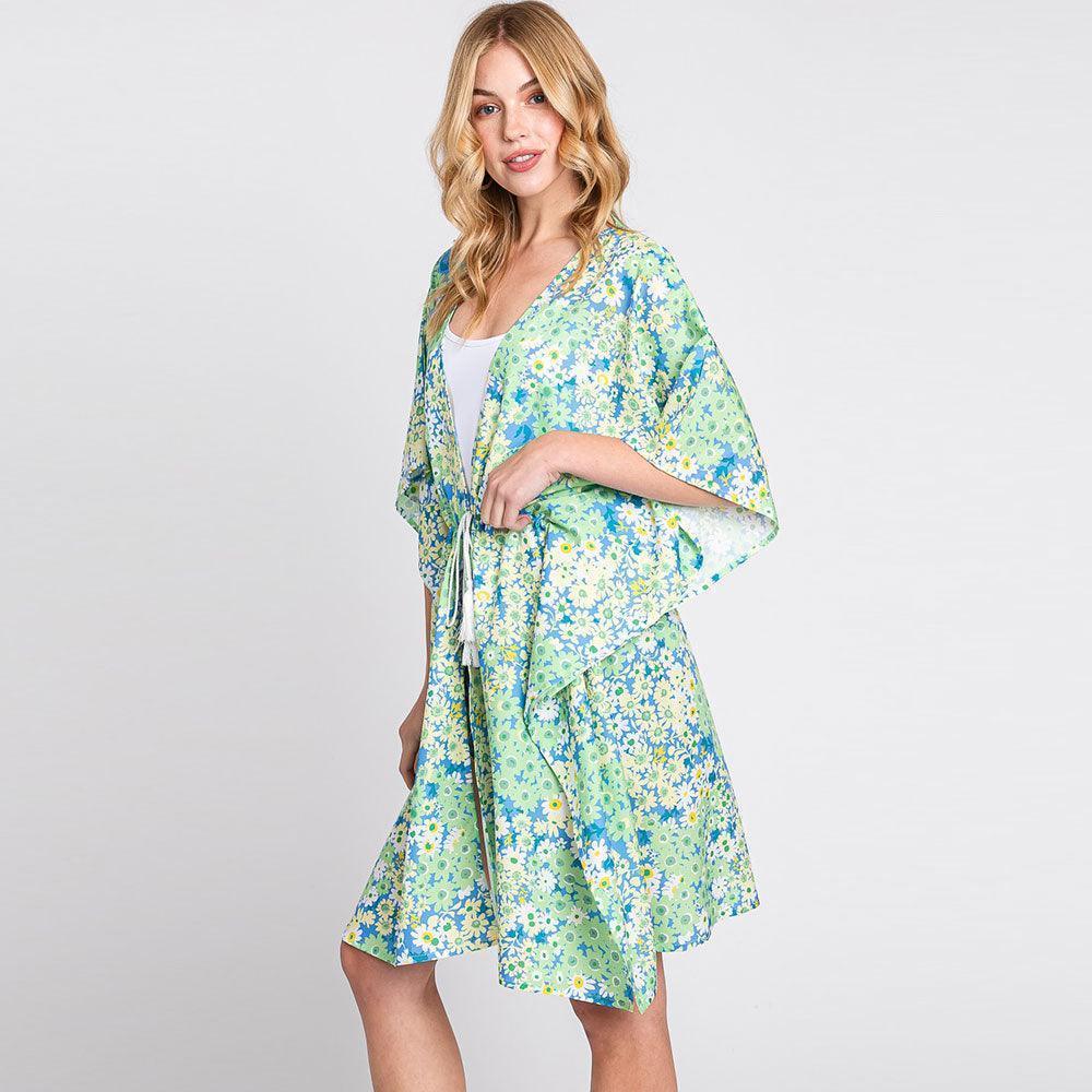 Green Flower Print Self-Tie Drawstring Open Front Cover-Up Kimono Poncho - Jewelry Store by Erik Rayo