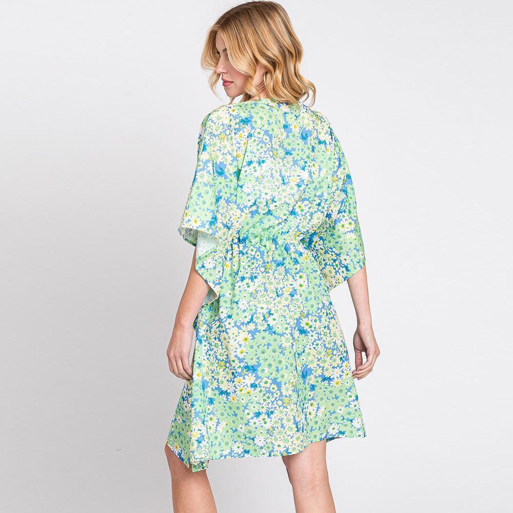 Green Flower Print Self-Tie Drawstring Open Front Cover-Up Kimono Poncho - Jewelry Store by Erik Rayo