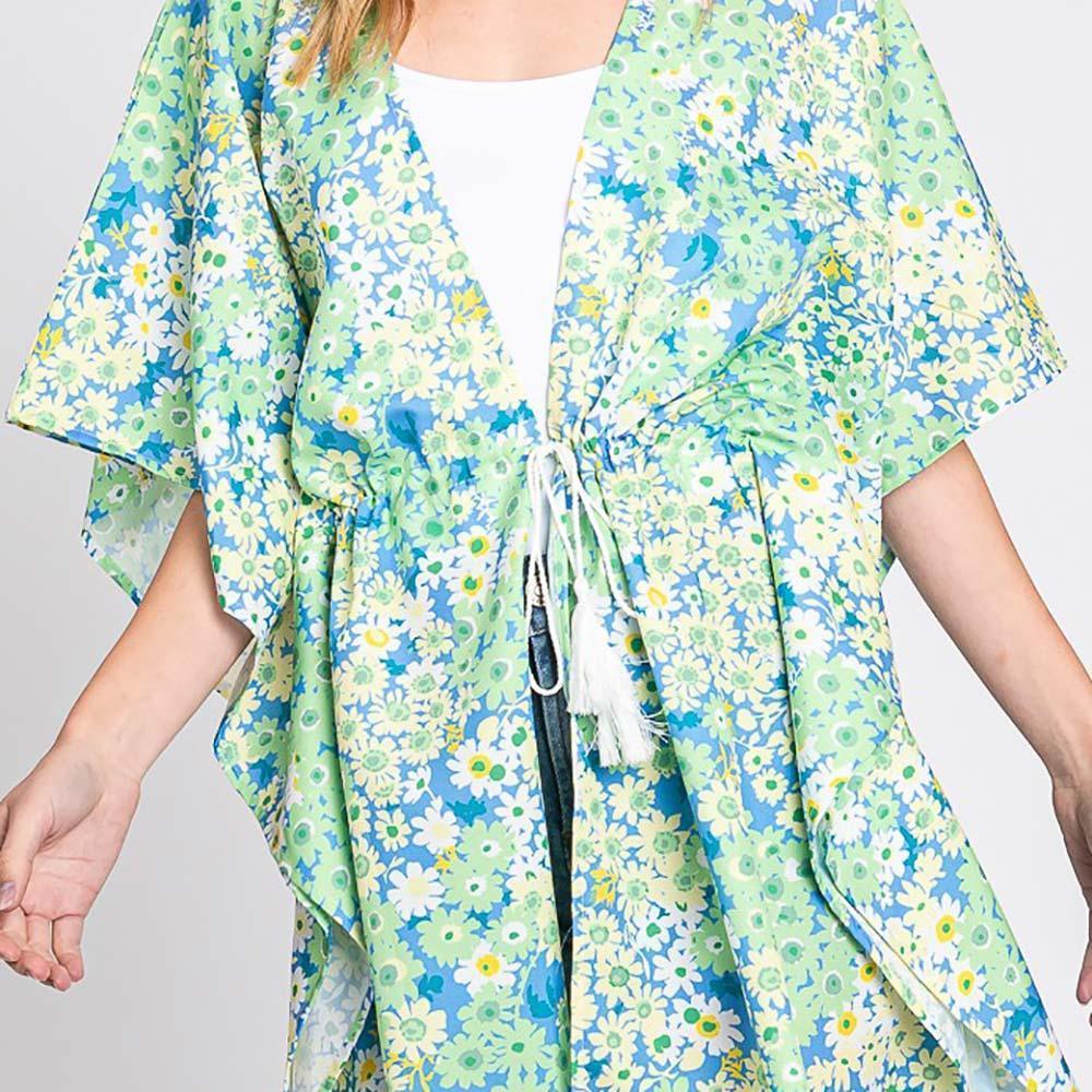 Green Flower Print Self-Tie Drawstring Open Front Cover-Up Kimono Poncho - Jewelry Store by Erik Rayo