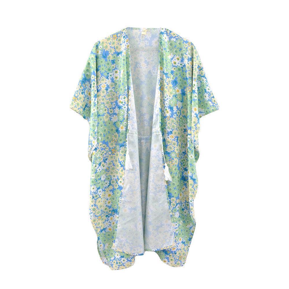 Green Flower Print Self-Tie Drawstring Open Front Cover-Up Kimono Poncho - Jewelry Store by Erik Rayo