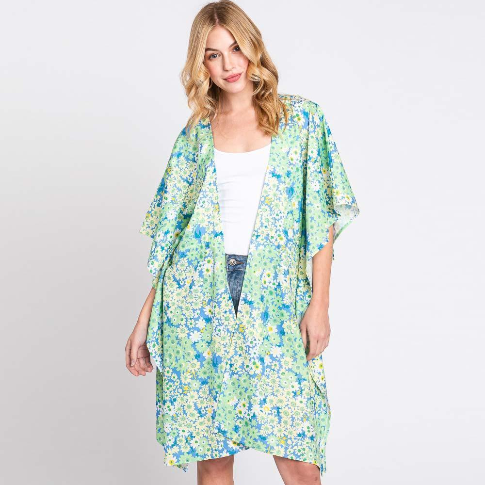 Green Flower Print Self-Tie Drawstring Open Front Cover-Up Kimono Poncho - Jewelry Store by Erik Rayo