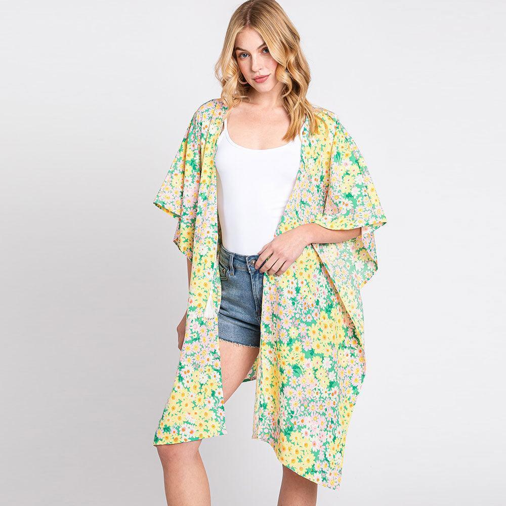 Yellow Flower Print Self-Tie Drawstring Open Front Cover-Up Kimono Poncho - Jewelry Store by Erik Rayo