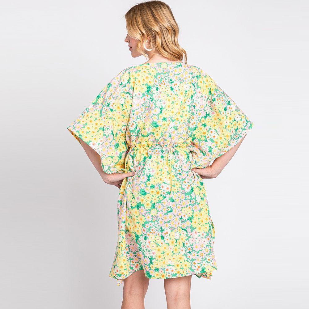 Yellow Flower Print Self-Tie Drawstring Open Front Cover-Up Kimono Poncho - Jewelry Store by Erik Rayo