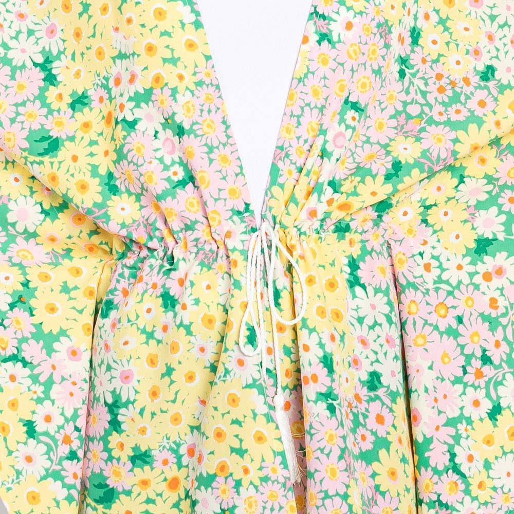 Yellow Flower Print Self-Tie Drawstring Open Front Cover-Up Kimono Poncho - Jewelry Store by Erik Rayo
