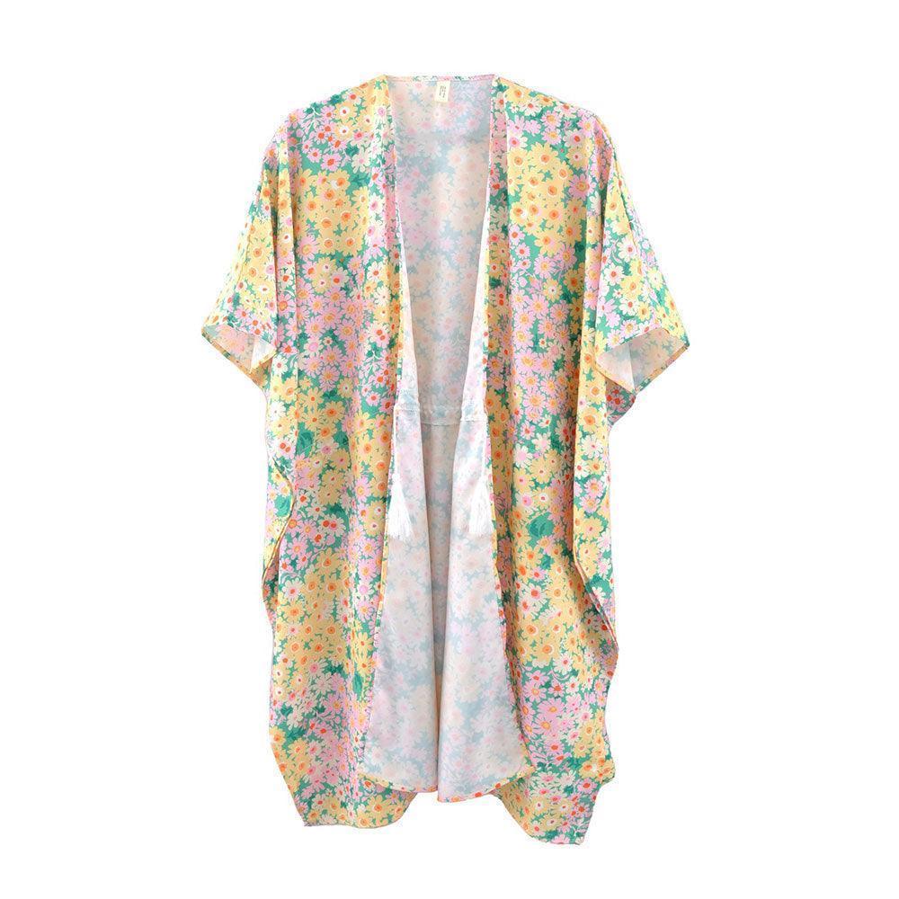 Yellow Flower Print Self-Tie Drawstring Open Front Cover-Up Kimono Poncho - Jewelry Store by Erik Rayo