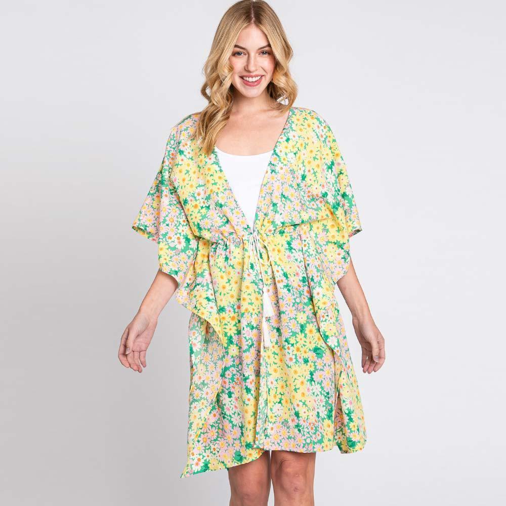 Yellow Flower Print Self-Tie Drawstring Open Front Cover-Up Kimono Poncho - Jewelry Store by Erik Rayo