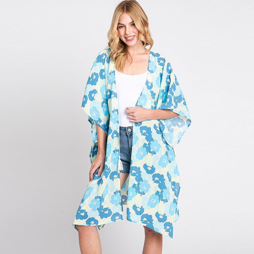 Blue Flower Print Self-Tie Drawstring Open Front Cover-Up Kimono Poncho - Jewelry Store by Erik Rayo