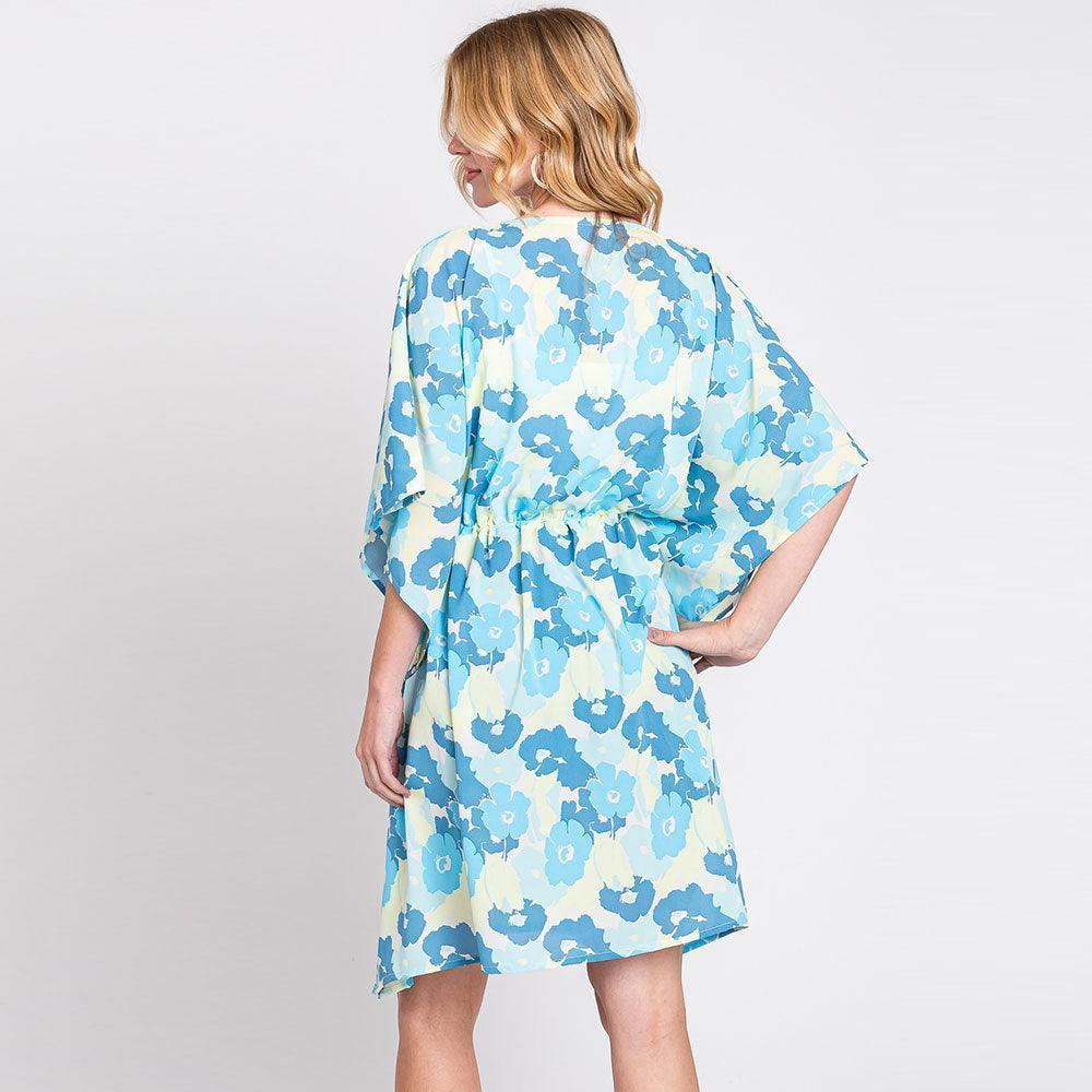 Blue Flower Print Self-Tie Drawstring Open Front Cover-Up Kimono Poncho - Jewelry Store by Erik Rayo