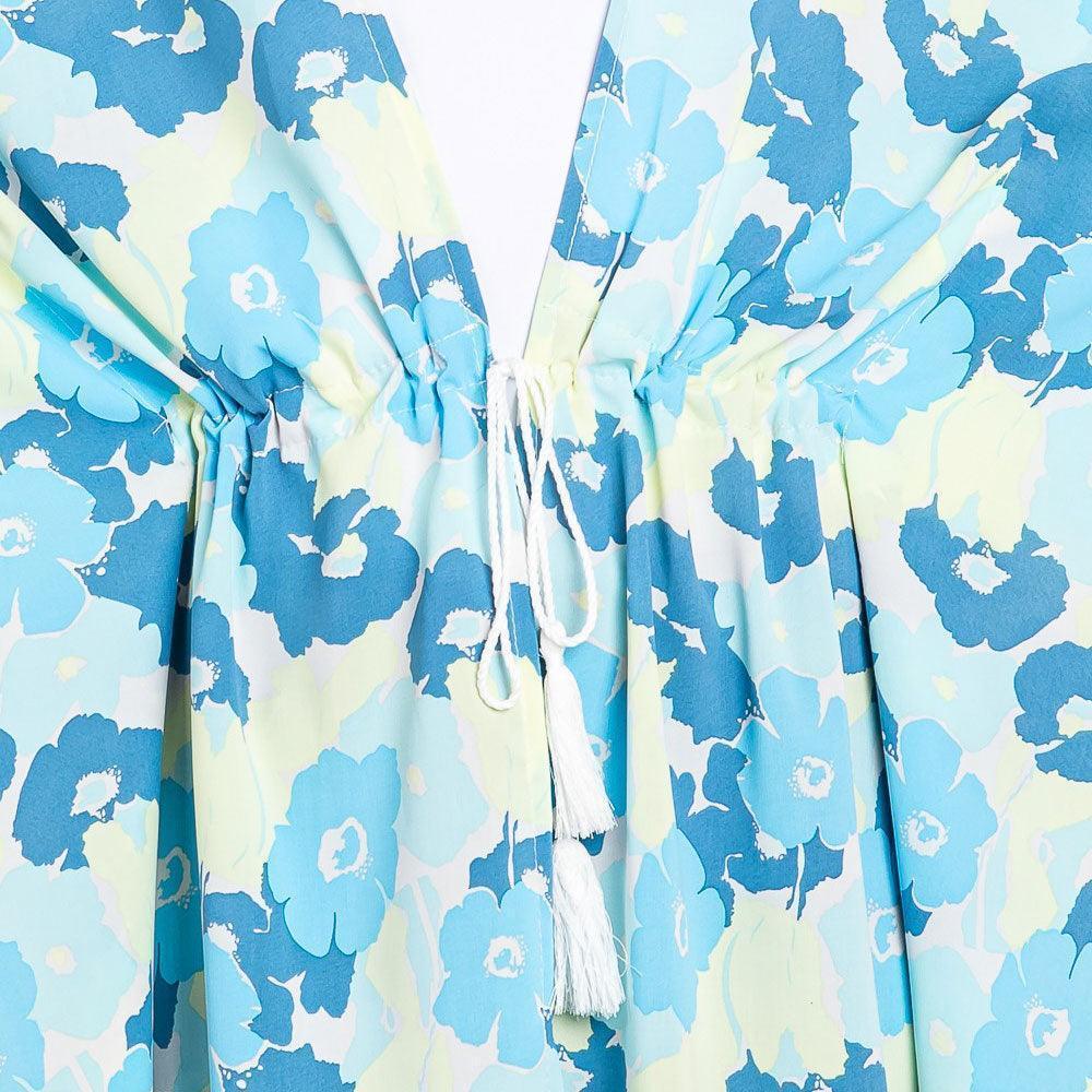 Blue Flower Print Self-Tie Drawstring Open Front Cover-Up Kimono Poncho - Jewelry Store by Erik Rayo