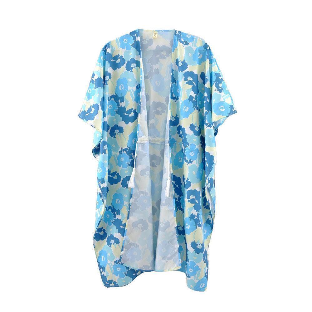 Blue Flower Print Self-Tie Drawstring Open Front Cover-Up Kimono Poncho - Jewelry Store by Erik Rayo