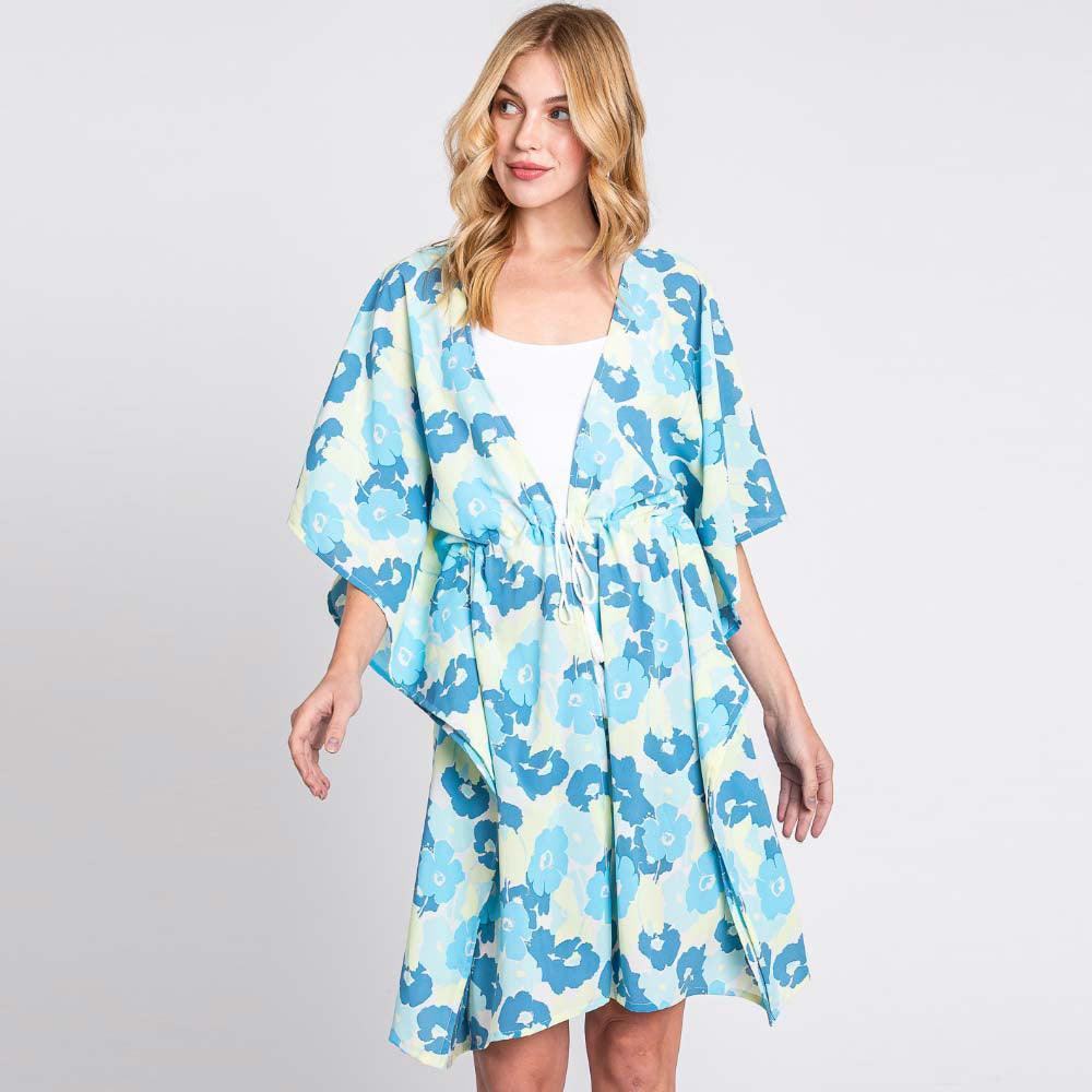 Blue Flower Print Self-Tie Drawstring Open Front Cover-Up Kimono Poncho - Jewelry Store by Erik Rayo