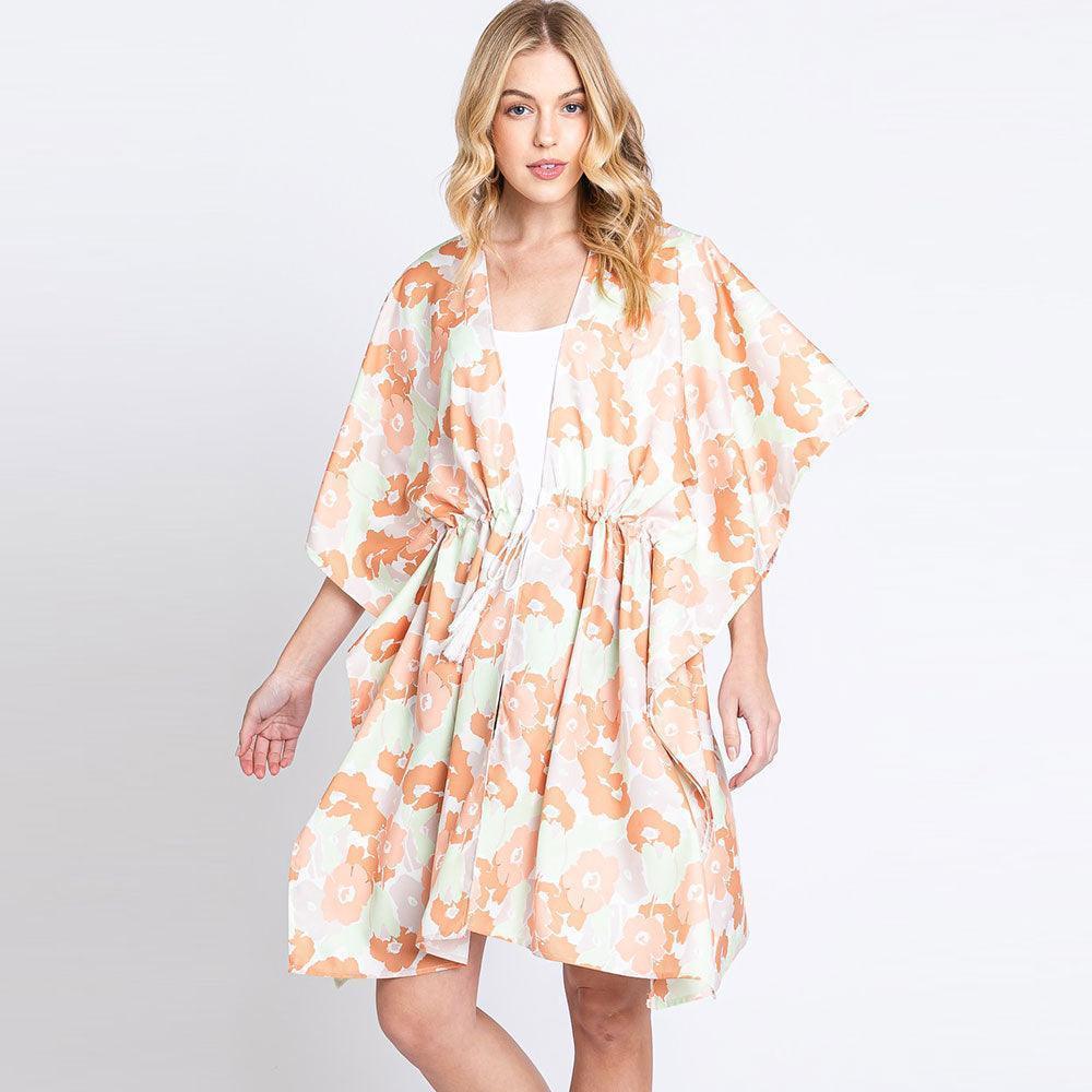 Coral Flower Print Self-Tie Drawstring Open Front Cover-Up Kimono Poncho - Jewelry Store by Erik Rayo