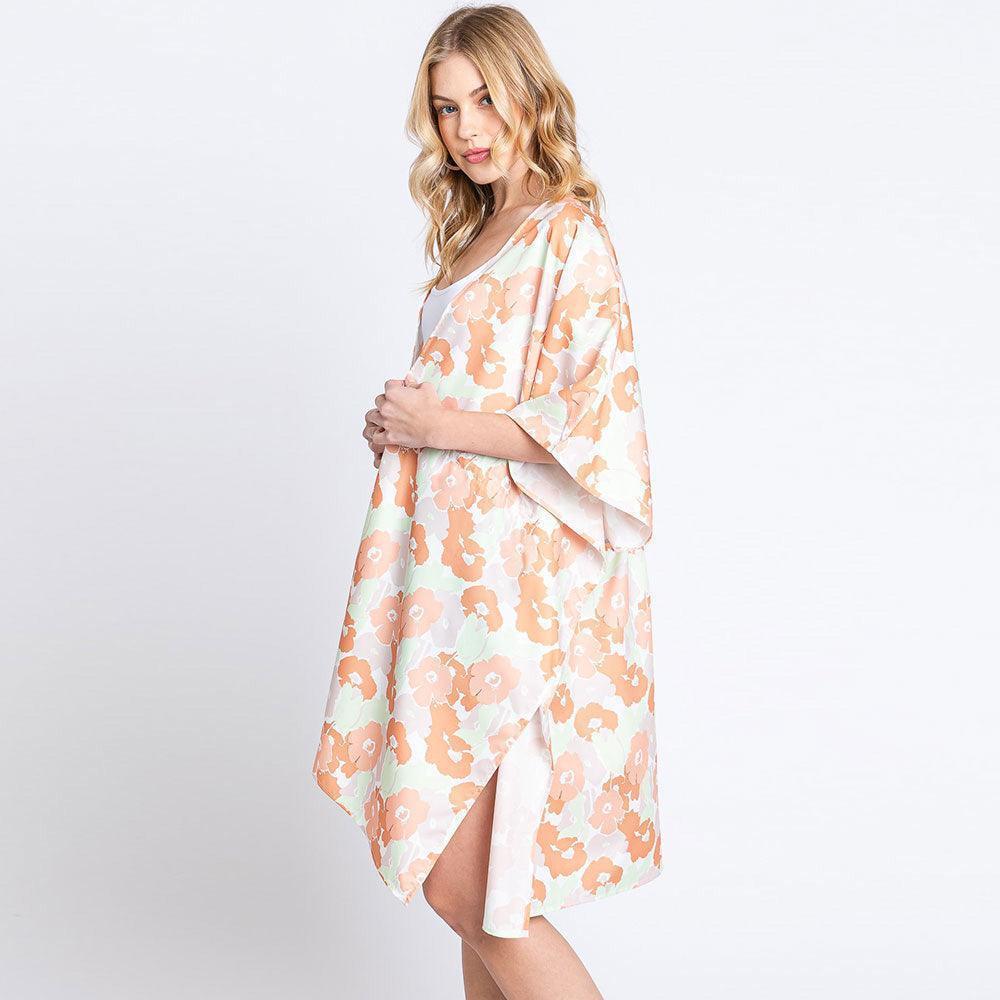 Coral Flower Print Self-Tie Drawstring Open Front Cover-Up Kimono Poncho - Jewelry Store by Erik Rayo