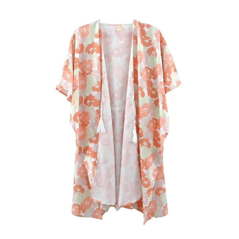 Coral Flower Print Self-Tie Drawstring Open Front Cover-Up Kimono Poncho - Jewelry Store by Erik Rayo