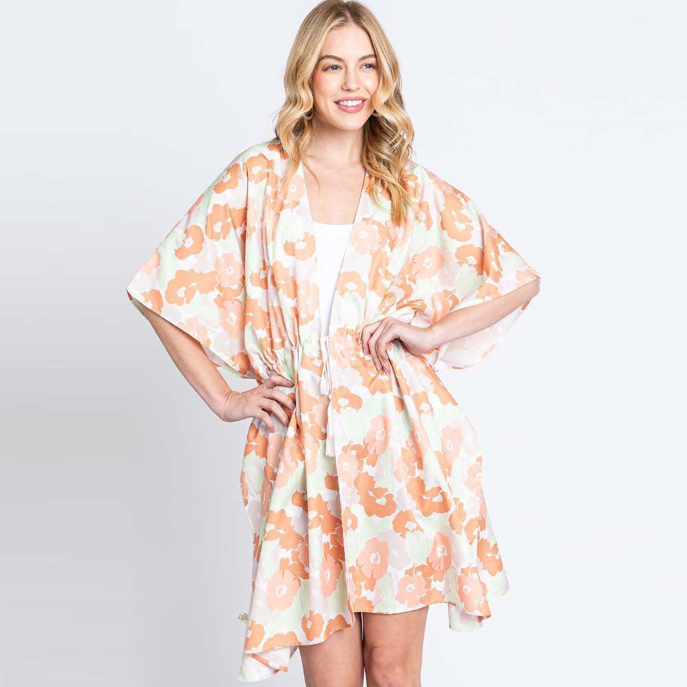 Coral Flower Print Self-Tie Drawstring Open Front Cover-Up Kimono Poncho - Jewelry Store by Erik Rayo