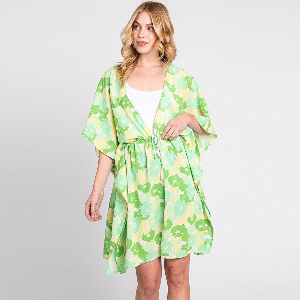 Green Flower Print Self-Tie Drawstring Open Front Cover-Up Kimono Poncho - Jewelry Store by Erik Rayo