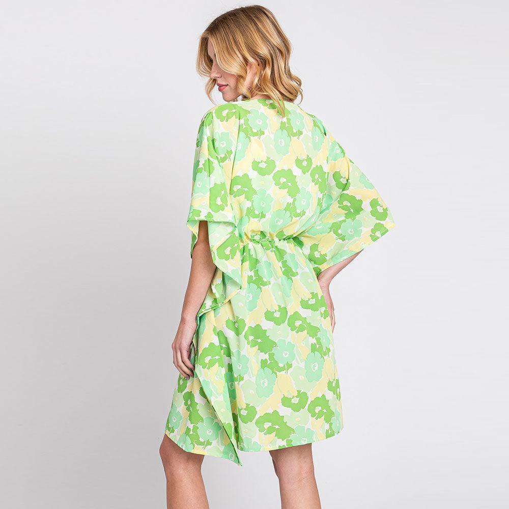 Green Flower Print Self-Tie Drawstring Open Front Cover-Up Kimono Poncho - Jewelry Store by Erik Rayo