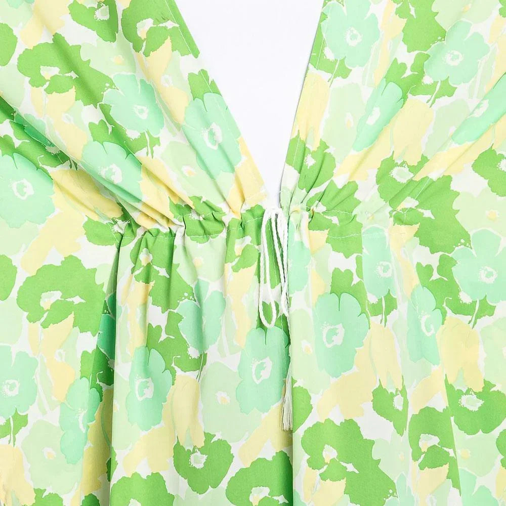 Green Flower Print Self-Tie Drawstring Open Front Cover-Up Kimono Poncho - Jewelry Store by Erik Rayo