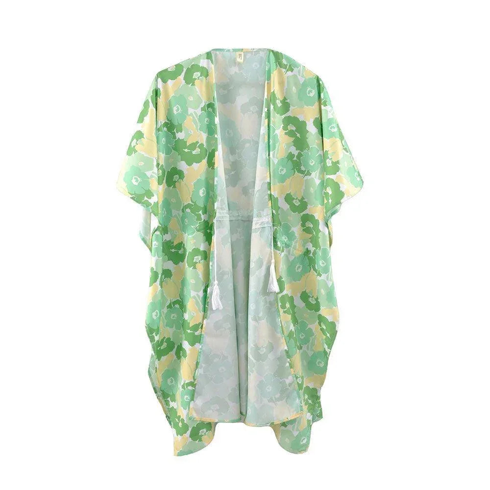 Green Flower Print Self-Tie Drawstring Open Front Cover-Up Kimono Poncho - Jewelry Store by Erik Rayo