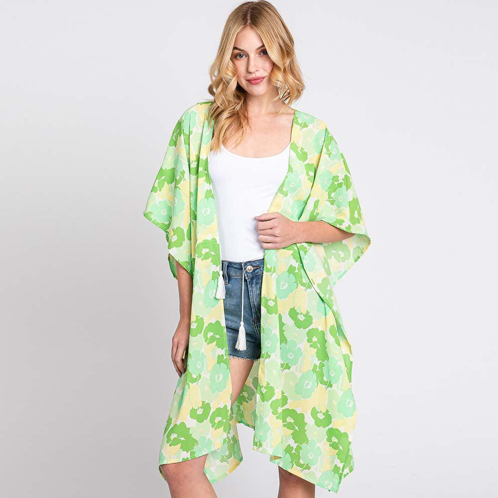 Green Flower Print Self-Tie Drawstring Open Front Cover-Up Kimono Poncho - Jewelry Store by Erik Rayo