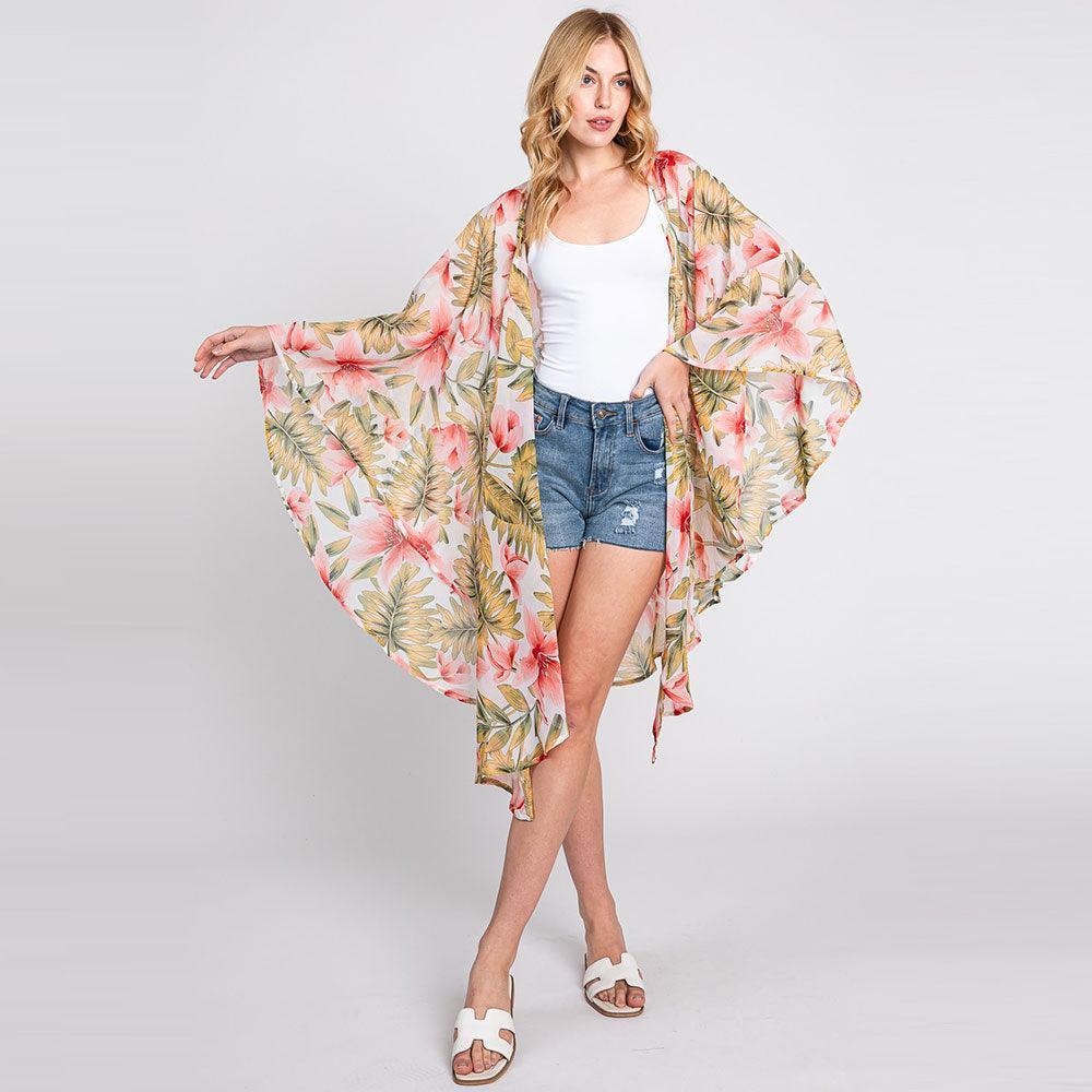 Ivory Tropical Leaves Print Shawl Cover-Up Kimono Poncho - Jewelry Store by Erik Rayo