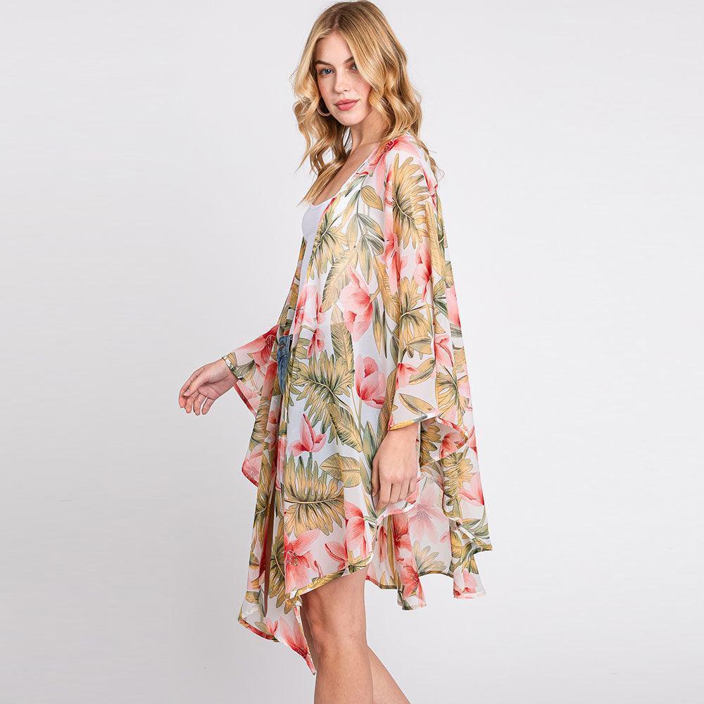 Ivory Tropical Leaves Print Shawl Cover-Up Kimono Poncho - Jewelry Store by Erik Rayo
