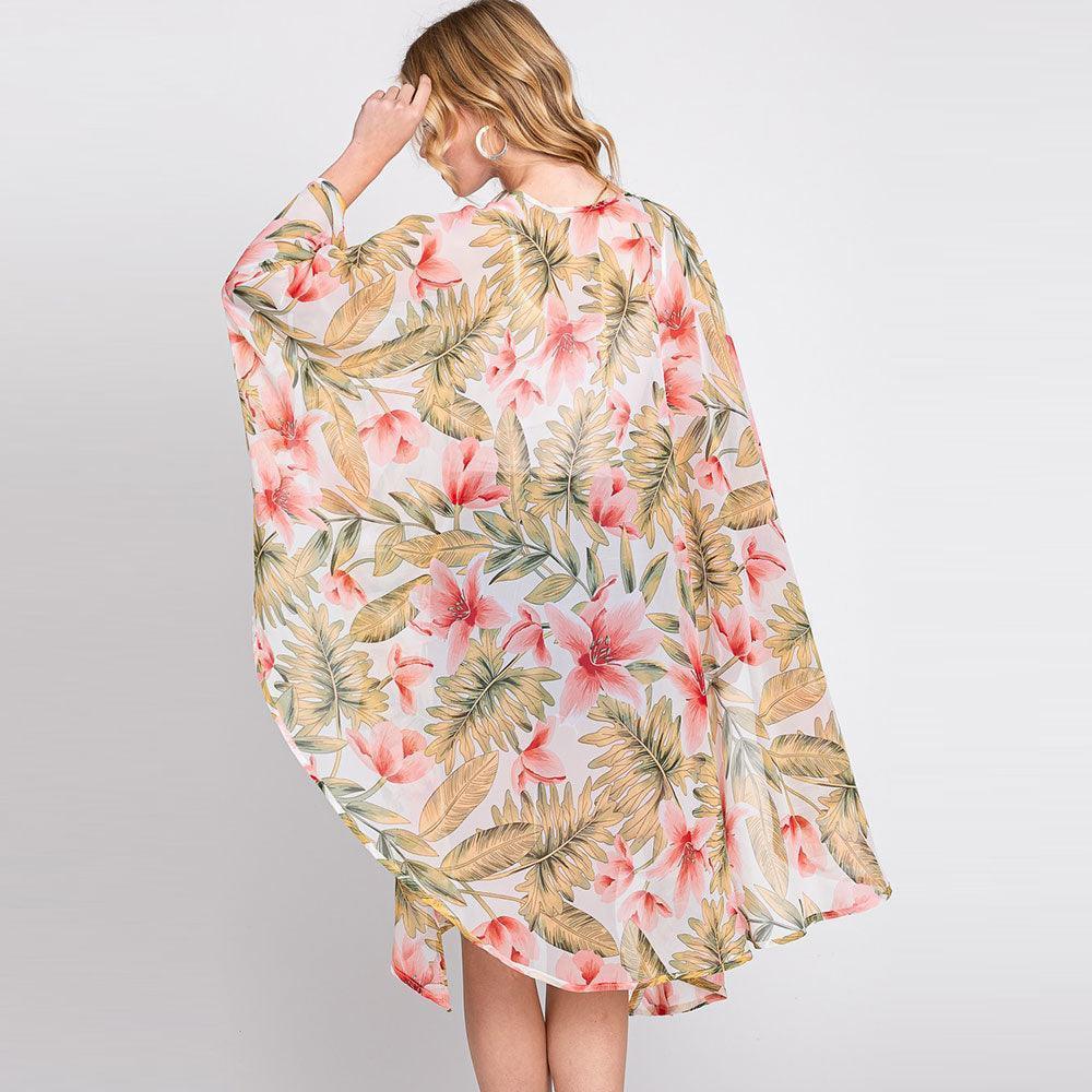 Ivory Tropical Leaves Print Shawl Cover-Up Kimono Poncho - Jewelry Store by Erik Rayo