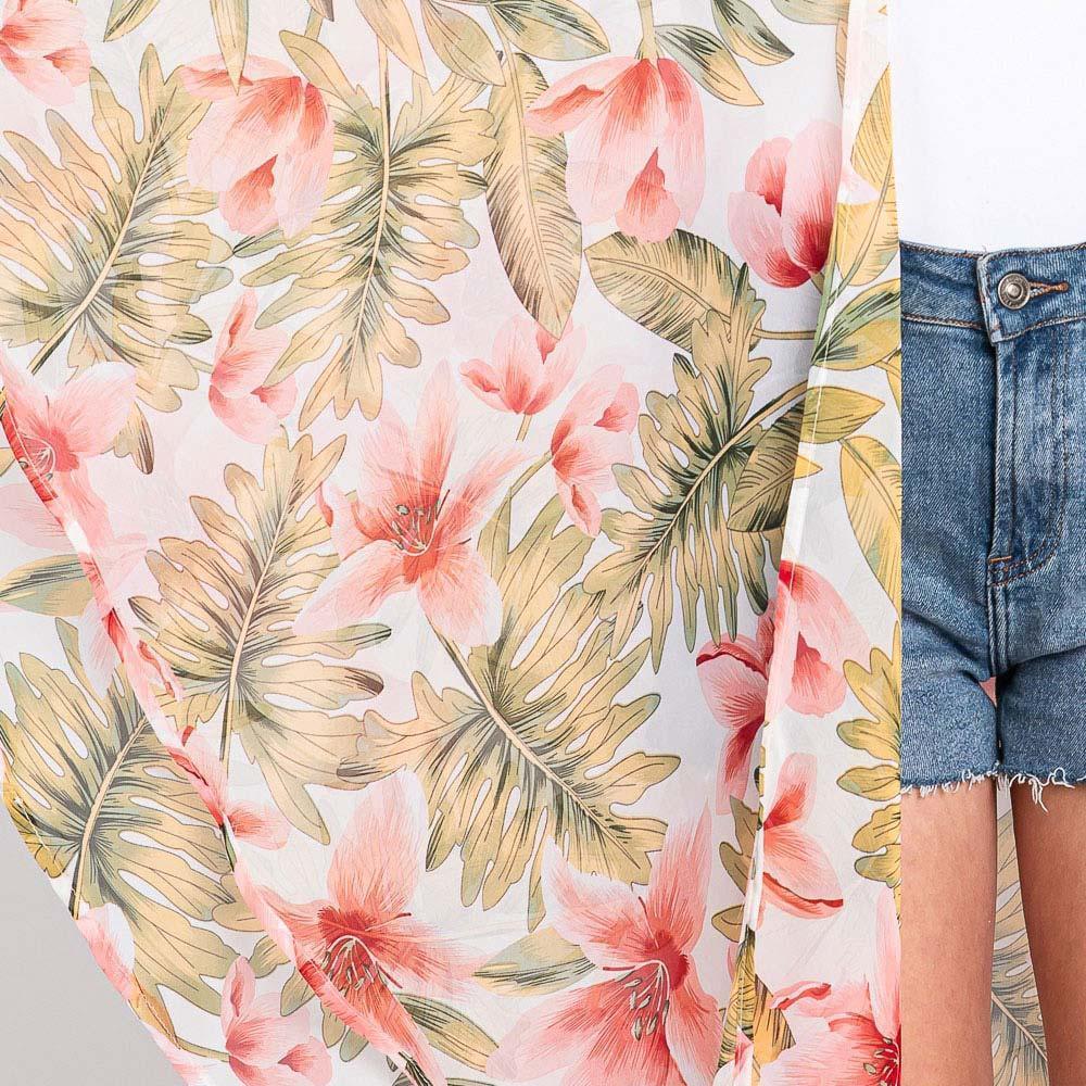 Ivory Tropical Leaves Print Shawl Cover-Up Kimono Poncho - Jewelry Store by Erik Rayo
