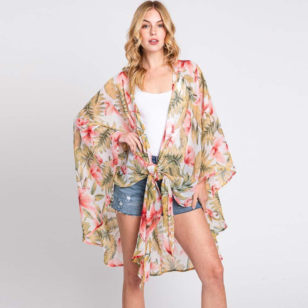 Ivory Tropical Leaves Print Shawl Cover-Up Kimono Poncho - Jewelry Store by Erik Rayo